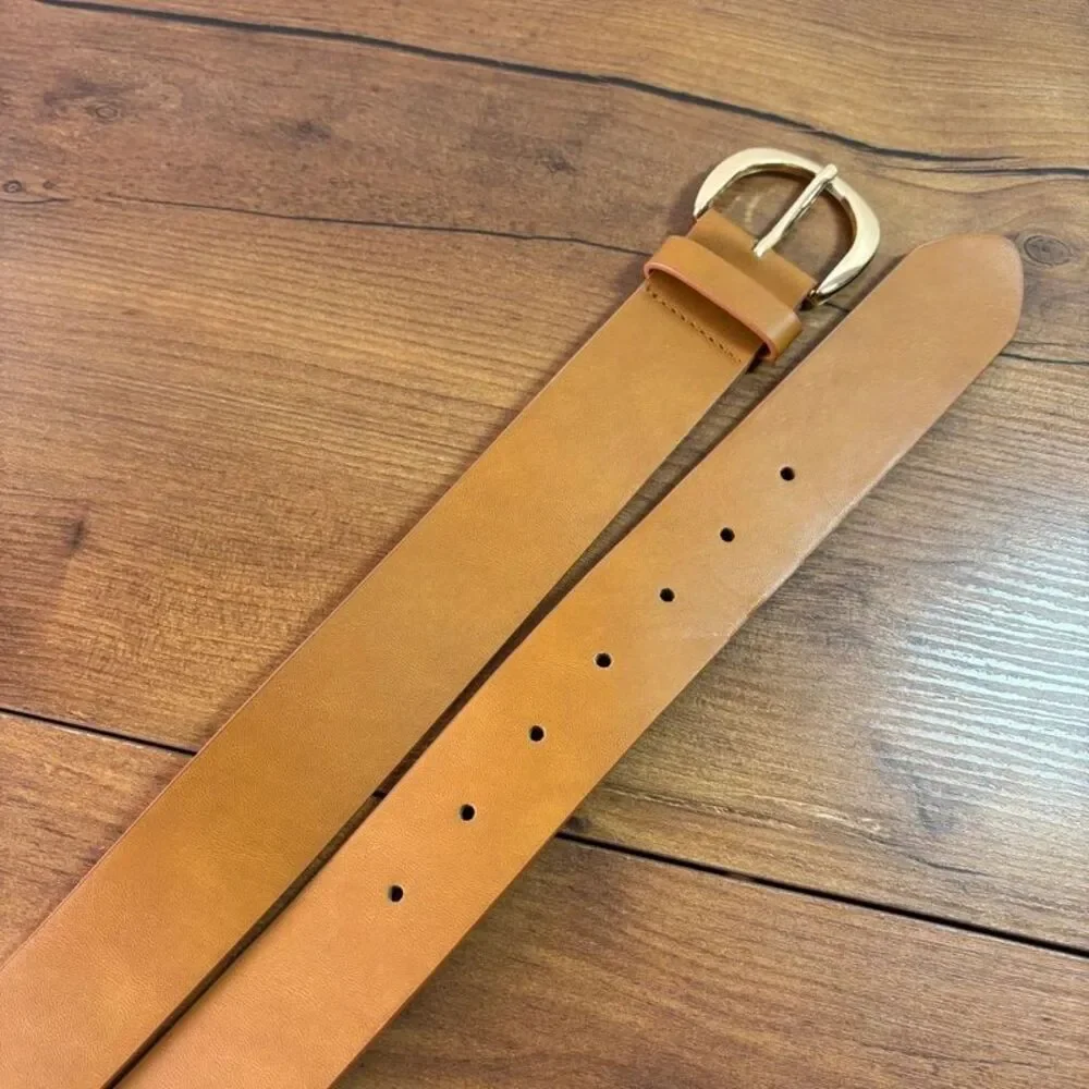 Women’s Cognac Tan Faux Leather Wide Belt Gold Oval Buckle Size 3X Plus